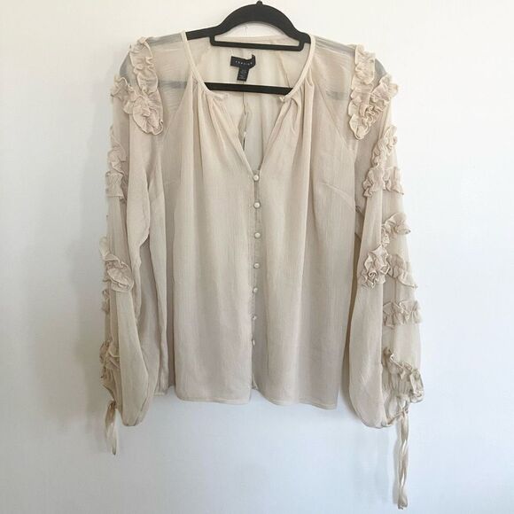 Topshop Ruffle Sheer Long Sleeve Blouse Cream 6 - Picture 4 of 10